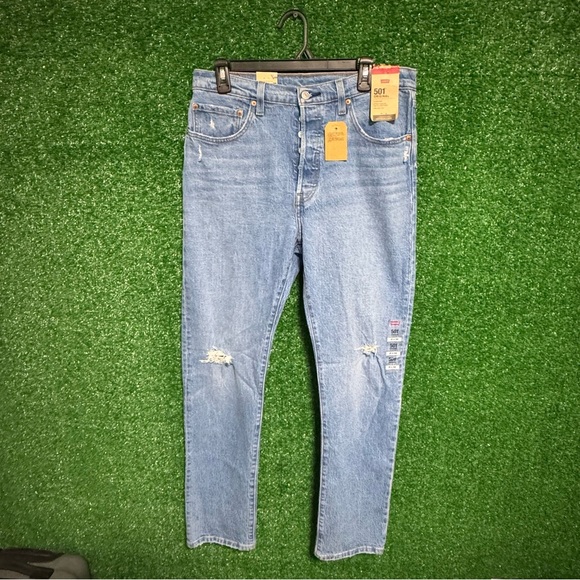 Light Blue Straight Jeans with Distressed Details levi 501 - Picture 1 of 6